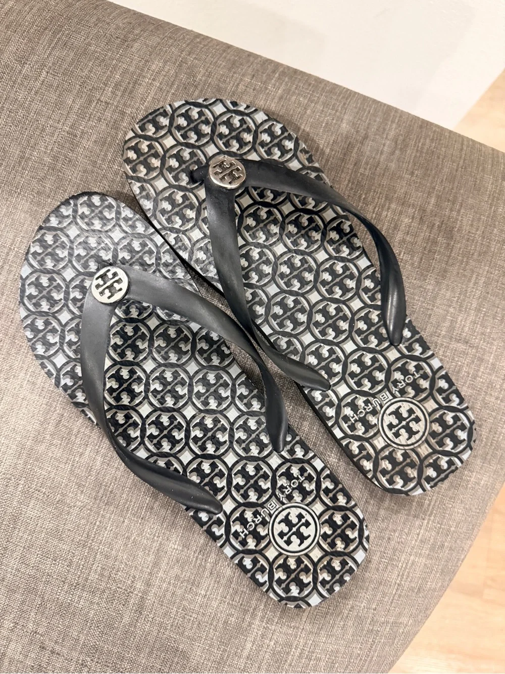 Tory Burch Black & White Logo Pattern Flip Flops